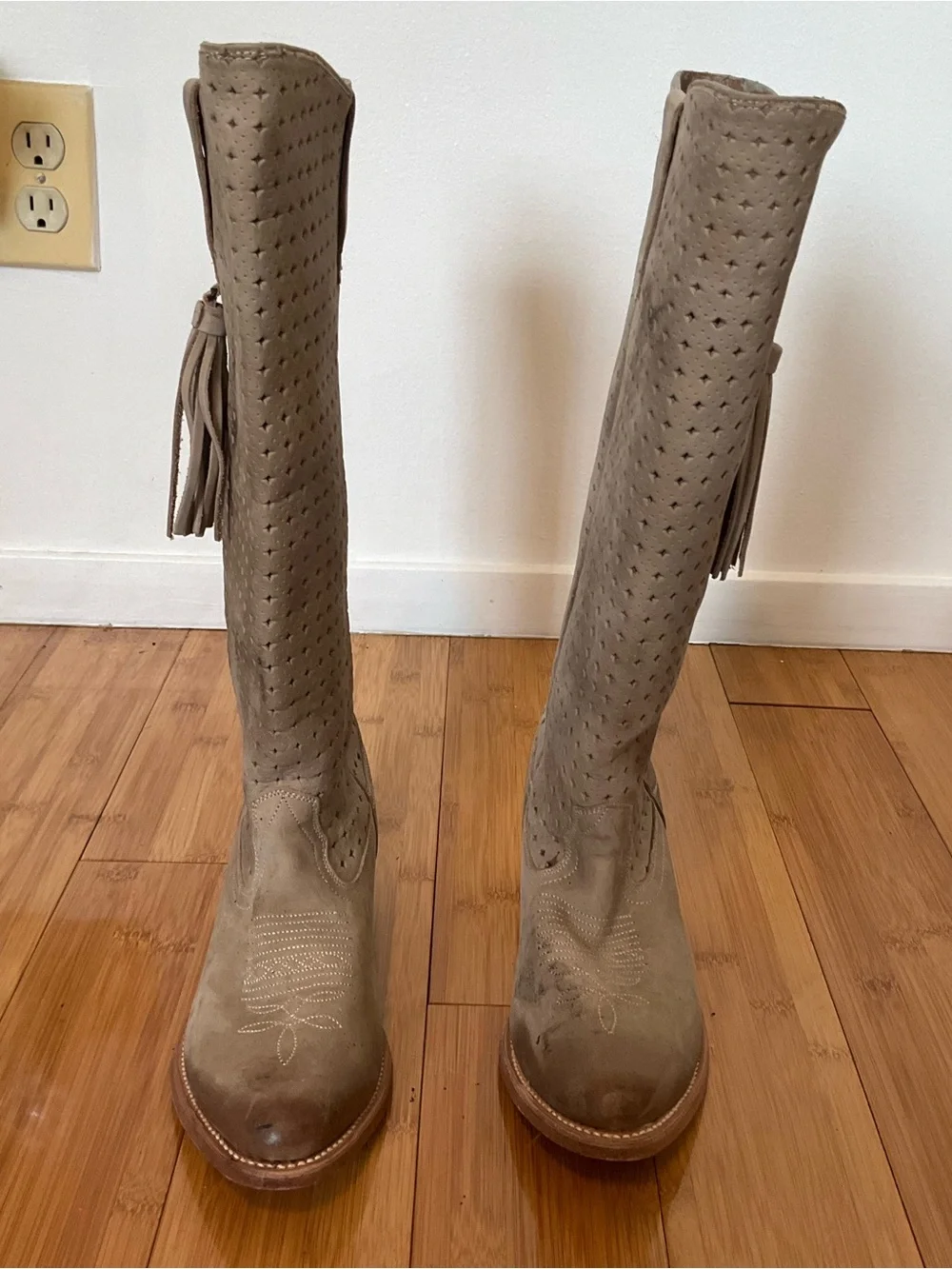 Miss Sixty Taupe Perforated Over-the-Knee Suede Boots with Tassel
